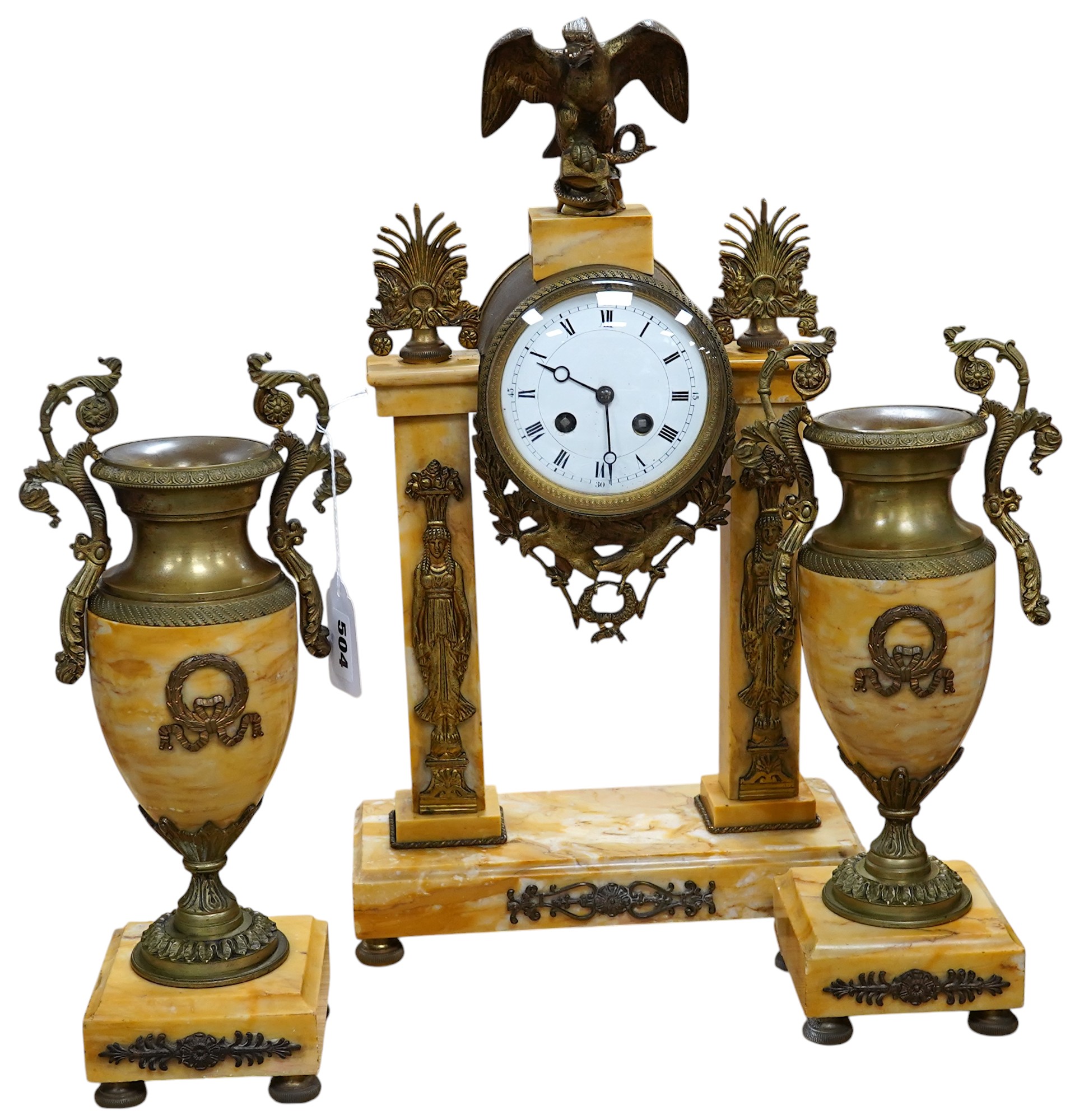 A 19th century French Sienna marble and gilt bronze clock garniture, with eagle surmount to clock, 48cm high. Condition - good